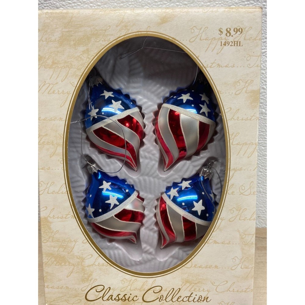 2004 Hand Blown Glass American Flag Christmas Tree Ornaments Set Of 4